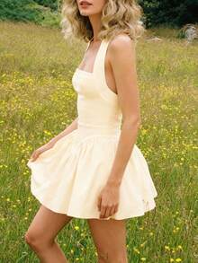 Floreya Solid Color Casual Elegant Ruffled Hem Sleeveless Mini Dress, Halter Neck, Flared Skirt, Suitable For Evening Dates, Parties, Spring & Summer Party - Apricot - View 5