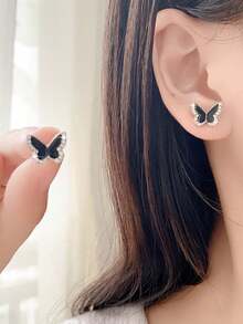 1 Pair S925 Sterling Silver Cute & Sweet Butterfly Stud Earrings, Fashionable & Versatile Minimalist Design Luxury Earrings For Women - Black - View 3
