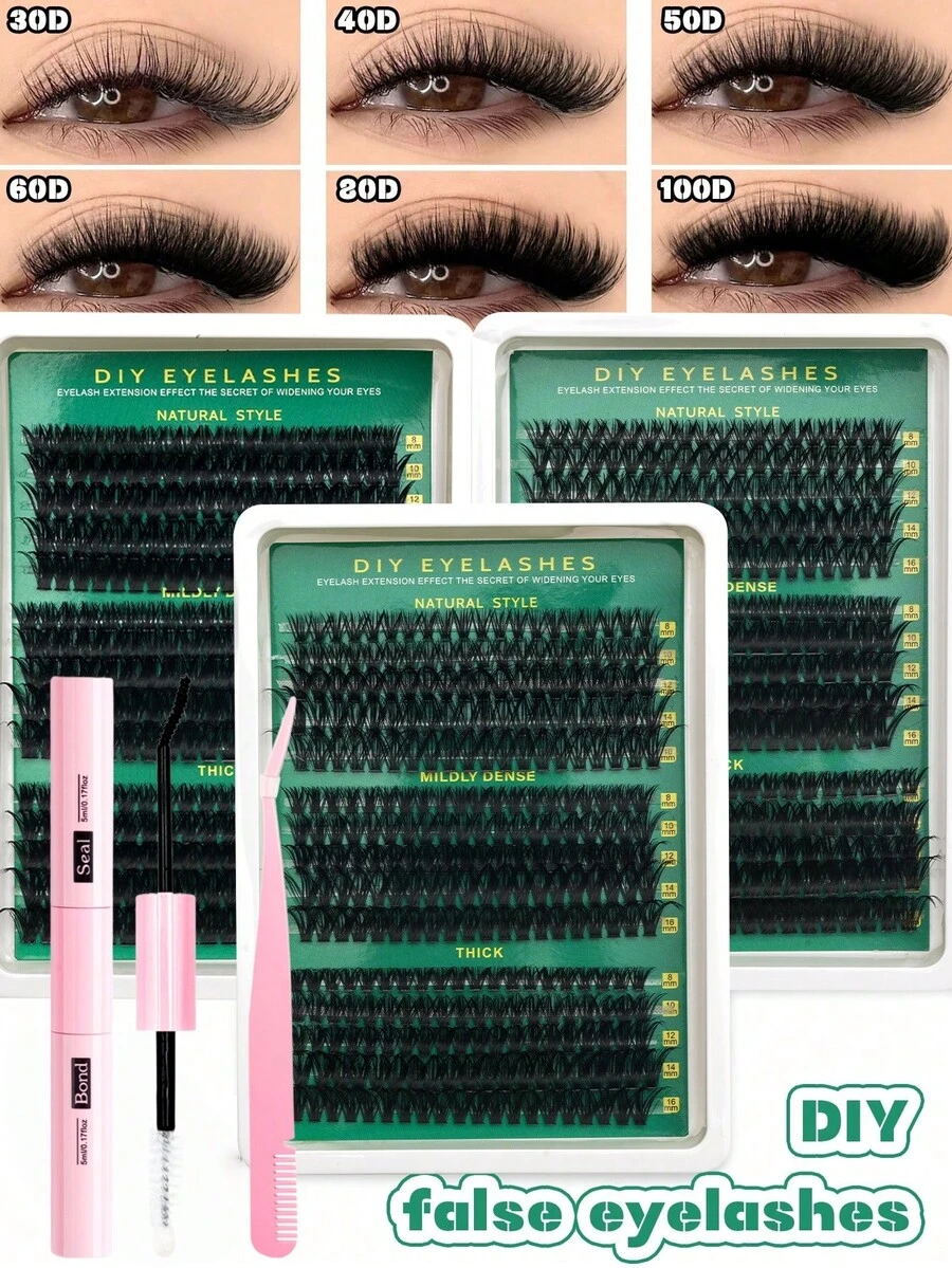 全新平台热销：单簇假睫毛，每包270/290/300片，浓密型混搭，30D+40D+50D/40D+60D+80D/60D+80D+100D，D型卷翘，长度10-16毫米，DIY睫毛簇，打造自然妆效，浓密纤长，超柔软轻盈，可重复使用，单根假睫毛，睫毛嫁接套装