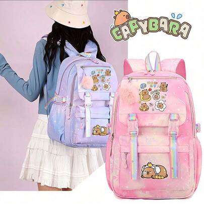 Capybara Casual Backpack | Lightweight Polyester School Bag With Adjustable Straps | Large Capacity | Zip Closure & Front Pocket | Playful Cartoon Design | Ideal For Students, Backpack For School Large-Capacity Multi-Layer Pencil Case, Back To School Supplies Essentials Office Supplies Valentine's Day Gifts