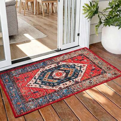 1pc Bohemian Retro Pattern Mat, Soft And Non-Slip Doormat, Easy-To-Clean Indoor/Outdoor Entrance Mat, Suitable For Entrances, Kitchens, Bathrooms, Bedside, Balconies, Living Rooms, Vintage Washable Rug, Vintage Doormat, Home Decor Mat.