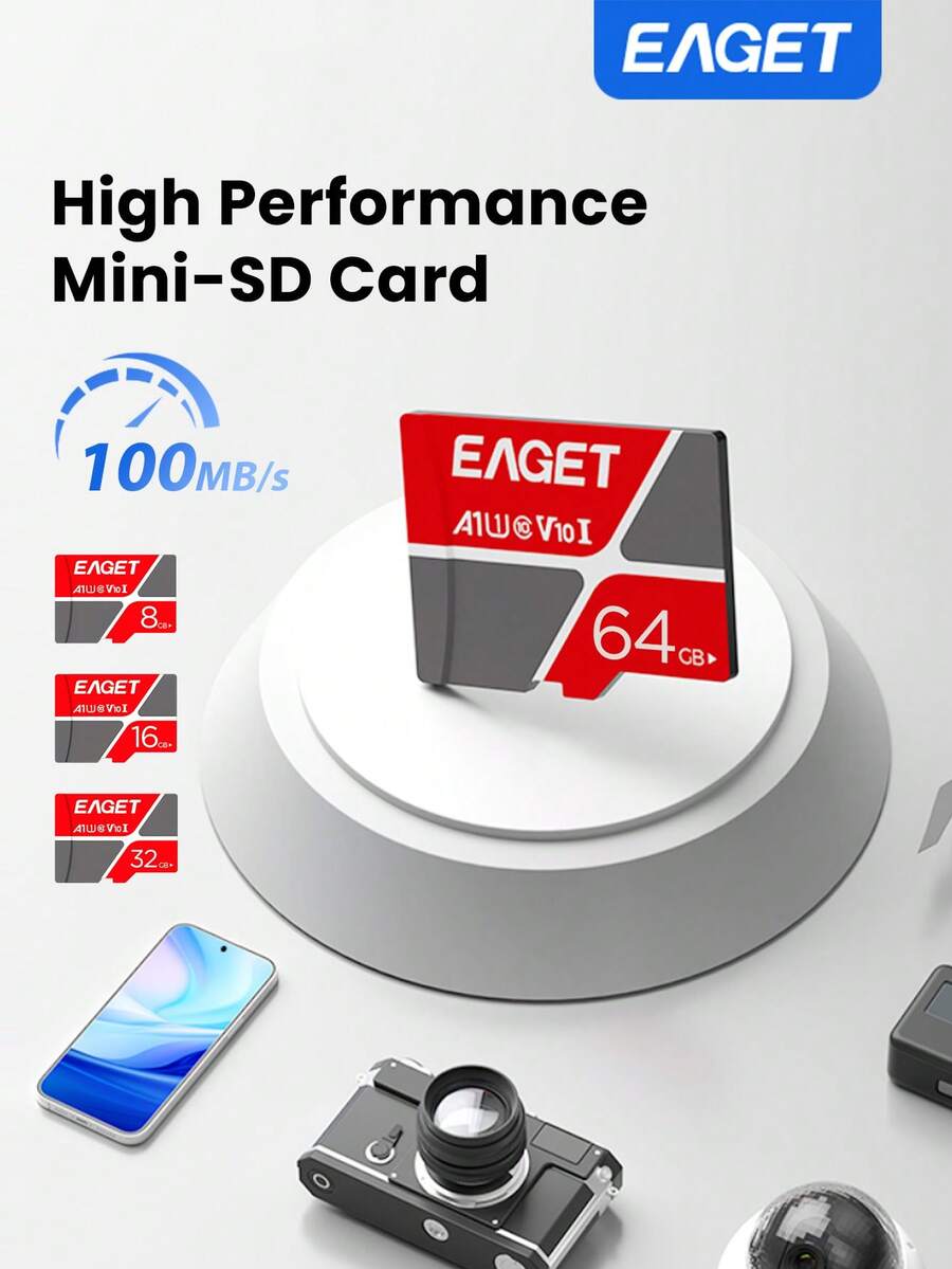 EAGET 64GB Micro SD卡，读写速度100MB/s，另有32GB、16GB、8GB U1 V10 TF闪存卡可选，适用于相机/安卓手机/电脑/游戏设备 - 紅灰色 - 查看 1