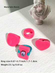 4pcs Exaggerated Colorful Geometric Contrast Color Asymmetrical Resin Ring Set, Versatile Rings (Size May Have Slight Variation, Color May Differ Between Batches)