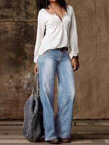 These Relaxed, Loose-Fitting Straight-Leg Jeans For Women Feature Button-Down Detailing And Are Perfect For All Seasons, Perfect For Back-To-School, Concerts, And Holiday Parties. - Light Blue - View 4