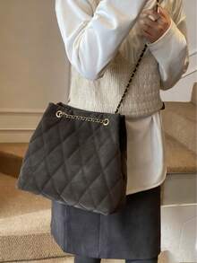 大容量时尚手提包，加厚绗缝刺绣，柔软舒适，冬季链条肩带斜挎包，女士款 - 咖啡 - 查看 6