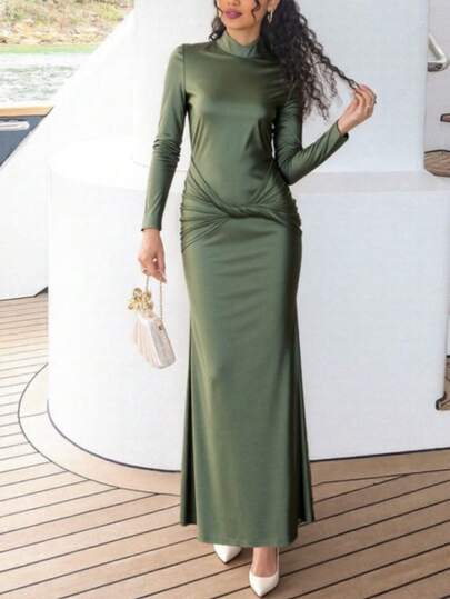 DOUCIU Long Sleeve Ruffles Hem Bodycon Elegante Maxi Dresses Vacation