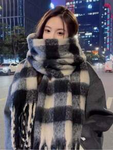 1件格紋圍巾，柔軟保暖女款冬季格紋圍巾，韓式仿羊絨圍巾，學生頸部保暖，適用海灘、度假 - 黑白格子 - 查看 10