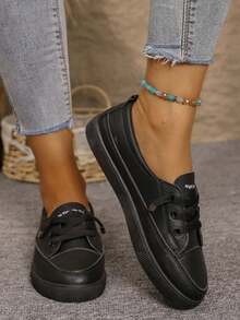 Women's White Classic Versatile Round Toe Slip-On Casual Lace-Up Soft Comfortable Flat Outdoor Sports Casual Sneakers, Simple Shoe Upper, Smooth Lines, Overall Clean And Neat. Suitable For Spring, Summer, Autumn, Daily Outings, Campus, Holidays, Street Fashion Matching - màu đen - Xem 5