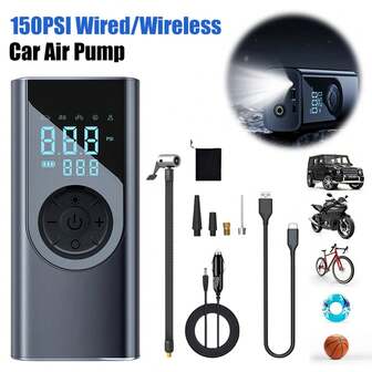 150PSI Portable Air Compressor, Cordless Tire Inflator With Digital Pressure Gauge, Handheld Car Tire Pump, Built-In LED Light, Made Of ABS Plastic. Equipped With 7.4V/DC12V 2000mAh Lithium-Ion Battery. Mini Air Pump Suitable For Cars/Motorcycles/Bicycles/Basketballs/Swim Rings. Car Accessories/Christmas Gift.