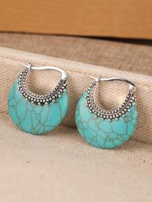 Pendientes de aro estilo bohemio, pendientes colgantes decorados con turquesa sintética - Plateado - Ver 2