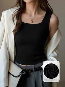 女士纯黑色修身罗纹背心 - U 领无袖 T 恤，柔软舒适，休闲日常穿着