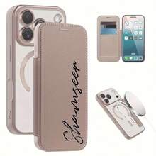 个性化姓名首字母高级镀金磁吸翻盖手机壳，兼容 17/16/15/14/13 Pro Max，全包翻盖设计，防震保护，支持无线充电，周年纪念日和生日的绝佳礼物，可爱手机壳 - 金色 - 查看 5