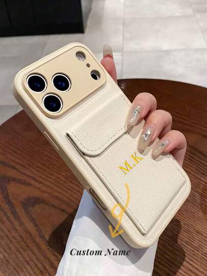 1-Piece Personalized Luxury Lychee-Textured Flip Card Holder Leather Phone Case, Customizable With Initials And Name, Suitable For Apple 17, 16, 15, 14, 13, 12, 11 Pro Max, 16 Plus, 17 Air, Full-Coverage Lens Protection Phone Case.