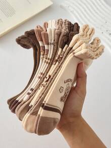 5双装女士可爱卡通熊短袜，柔软舒适，四季皆宜