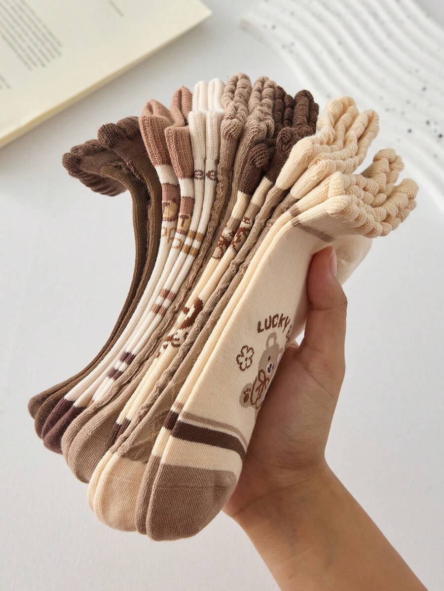 5双装女士可爱卡通熊短袜，柔软舒适，四季皆宜