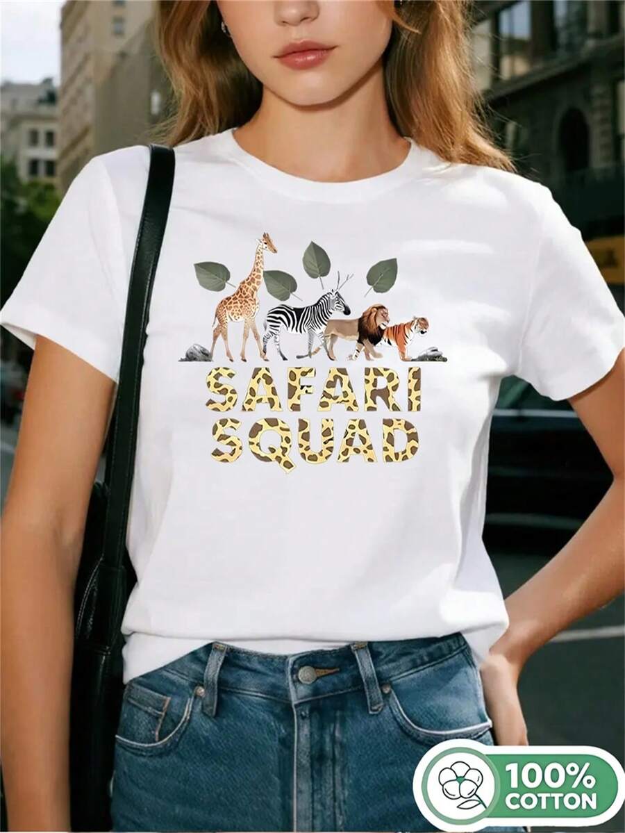 1PC 100% Cotton Safari Animal Print Women's Crewneck Tshirt ,Casual Daily Wear, Perfect Holiday Gift, Birthday Gift, Suitable For Daily Wear. - Blanco - Ver 1