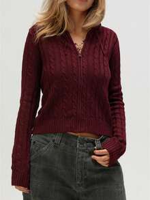 Zip Up Cardigan For Women Y2k Cable Knitted Long Sleeve Hooded Crop Cardigan Sweater Solid Color Knitwear Jacket Fall Lightweight Clothes Winter Outerwear Streetwear - 酒紅色 - 查看 1