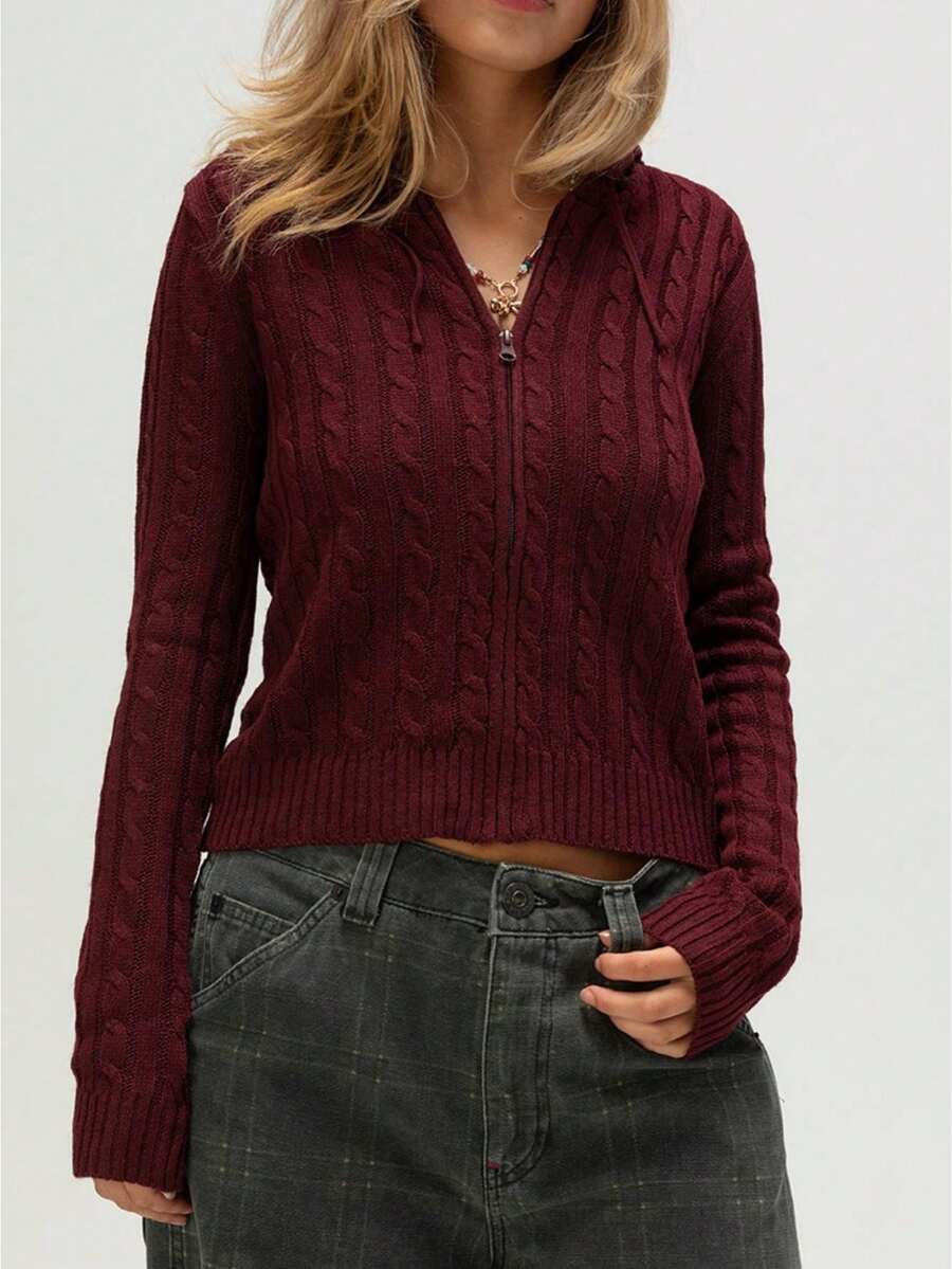 Zip Up Cardigan For Women Y2k Cable Knitted Long Sleeve Hooded Crop Cardigan Sweater Solid Color Knitwear Jacket Fall Lightweight Clothes Winter Outerwear Streetwear - 酒紅色 - 查看 1