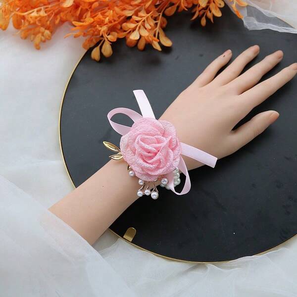 1 szt. Bransoletka z elastycznej perły w stylu chińskim, różowa, perłowa, kwiat na nadgarstek, satynowa, kamelia, dodatek do sukni ślubnej dla druhny