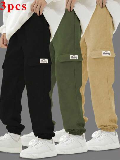 3 件套青少年男童休闲抽绳腰裤，带仿口袋，适合运动、户外、春夏秋冬