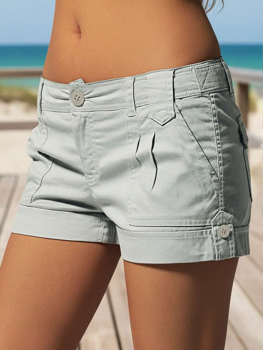 Shorts Casuais e Versáteis de Cintura Baixa Sólidos Para Uso Diário - Cinza Claro - Visão 1
