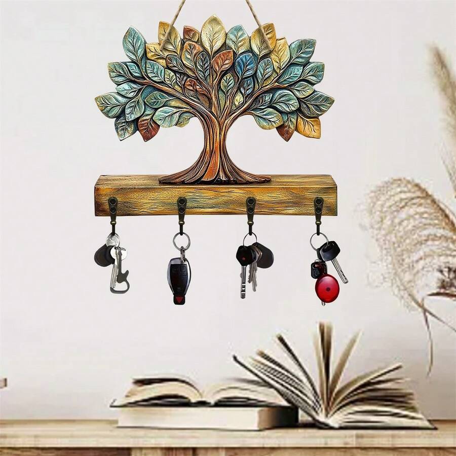 Key Holder For Wall Wooden 2D Flat Tree Shape Key Hanger With 4 Hooks ...