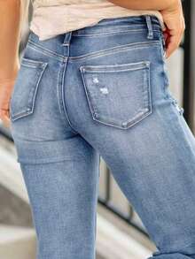 全新女式时尚弹力破洞修身牛仔裤，带口袋 - 时尚弹力直筒牛仔裤