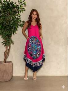 MIA BRAZIL Vestido Midi Trapézio Viscose Estampa Mandala Confortável C/ Bolsos Perfeito Verão, Dia a Dia e Praia-PLK-2104 - Rosa chiclete - Visão 1