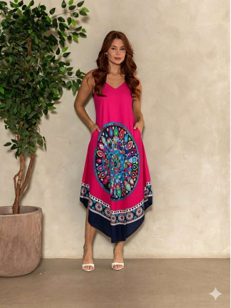 MIA BRAZIL Vestido Midi Trapézio Viscose Estampa Mandala Confortável C/ Bolsos Perfeito Verão, Dia a Dia e Praia-PLK-2104 - Rosa chiclete - Visão 1