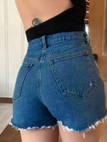 Quần short denim nữ gợi cảm có túi và gấu quần rách, kiểu dáng ống đứng thoải mái mùa hè - Rửa trung bình - Xem 5