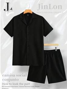 Men's Set: Button-Down Shirt And Shorts, Mauricinho Crepe Style, Sizes P, M, G, GG - Black - View 1