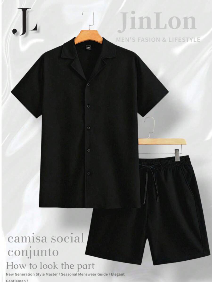 Men's Set: Button-Down Shirt And Shorts, Mauricinho Crepe Style, Sizes P, M, G, GG - Black - View 1
