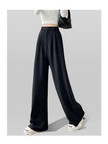 [Work/Part-Time Job Mix-And-Match] Summer Office Slacks, Black Trousers, Women's Bottoms, Summer, High Waist, Wide Leg Pants, Straight Pants, Comfortable To Wear, Figure-Flattering, Commuting, Office Casual, All Seasons, Women's Pants - [常規款]單扣黑色 - 查看 6