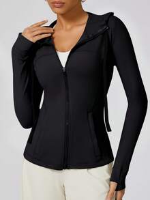 NcmRyu 1pc Women's Elastic Fitted Zip Side Pocket Drawstring Hooded Thumb Hole Long Sleeve Sports Jacket - Black - View 8