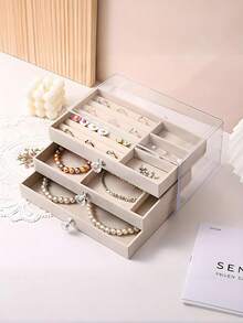 1 件装，3 层，透明，天鹅绒面料，亚克力首饰收纳盒 - 大容量，可收纳耳环、戒指和项链；适合居家和旅行；防褪色加厚抽屉设计（含首饰托盘）；现代风格女士首饰盒；多抽屉首饰收纳盒 - 大容量，可收纳耳环