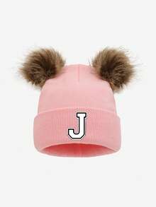 1pc Unisex Pink Personalized 26 Letter Print Faux Fur Pom Pom Knit Beanie Hat, Soft Warm Fashionable All-Match Cold-Proof Accessory, Suitable For Autumn/Winter Outdoor Daily Use, Great As Gift