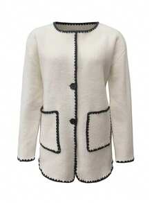 Elegant Long-Sleeved Cardigan With Contrasting Trim And Button-Front Pockets - White - View 1