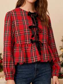 Women's Coquette Red Plaid Christmas Blouse, Cute Bow Knot Peplum Top, Long Sleeve Holiday Party Shirt - 紅色 - 查看 3