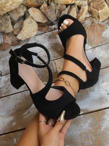 青少年高跟凉鞋，绒面革露趾粗跟凉鞋，时尚宽楦绑带高跟鞋，女童高跟鞋 - 黑色 - 查看 3