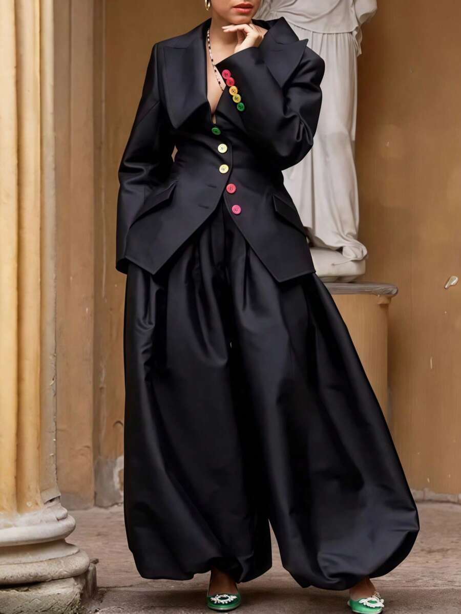 Women's Elegant Black Asymmetrical Lapel Two-Piece Outfit Long Sleeve Button Front Woven Fabric Top And Long Pants Set - 黑色 - 查看 1