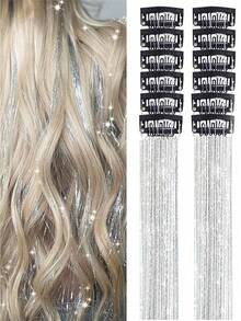5/10件套闪亮发夹，20英寸时尚亮片合成直发接发夹，耐热闪亮仙女发饰，适合女性、派对装扮、圣诞节服装、韩流女团服装及配饰、舞会礼服 - 銀色 - 查看 2