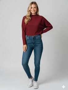 Women's Long Sleeve Batwing Blouse High Neck Loose Social Premium Luxury Style 2025 - 酒紅色 - 查看 4