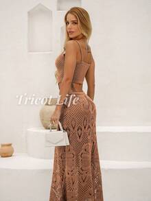 Midi Dress In Floral Knit With Lace Detailing, Cutouts, Lined, And Thin Straps. Perfect For Parties, New Year's Eve, Beach, Premium, And Elegant. - Màu nâu  Mocha - Xem 5