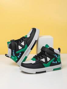 1 Pair Fashion Children Comfortable Sports Shoes, Girls New Hook And Loop Closure Running Shoes, Boys All Season Contrast Color Mid-Top Skate Shoes