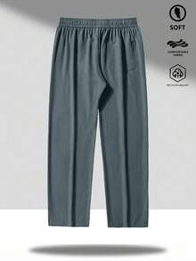 Men's Solid Color Loose-Fit Ice Silk Pants, Classic Straight-Leg Casual Pants With Drawstring Waist For Daily Wear - Grey - View 3