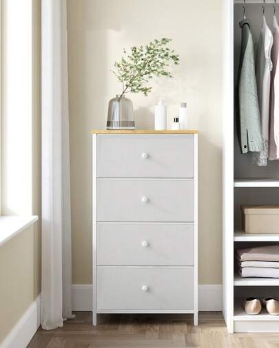 Chest Of Drawers Bedroom, Drawer Storage Unit, Dresser With 4 Fabric Drawers, Metal Frame, Tall And Slim, For Closet, White And Oak