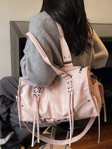 高品质女士通勤手提包/单肩包，新款大容量托特包，摩托车包 - 粉色 - 查看 6