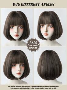 1顶时尚女士波波头假发，10英寸短直发带刘海，棕色波波头假发，丝滑合成纤维，适合日常办公或上学佩戴 - Sakura Celebrations 魅力派对街头风摄影 - 女孩礼物假发配件 - 棕色 - 查看 5