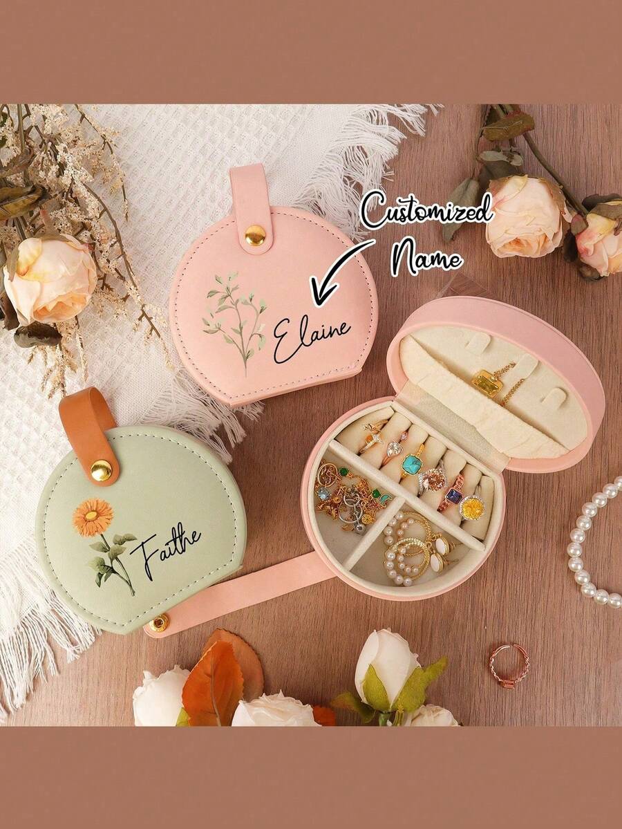 1pc Custom Jewelry Bag, Personalized Travel Jewelry Box, Custom Name And Birth Flower Jewelry Box Small Square Earrings Organizer With Handle Bridesmaid Wedding Gift Box For Sisters And Friends, Birthday, Wedding, Mother's Day, Valentine's Day, Party, Custom Small Gifts,Multi-Functional, ,Ornamental,Reusable,Exquisite,Stylish,High-Qu - Multicolor - View 1