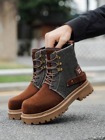 Men's Fashionable Thick Sole Contrast Color Durable Work Boots, Outdoor Cowboy Lace-Up Ankle Boots, Retro Casual Comfortable Men's Motorcycle Boots, Suitable For Halloween, Party, Dating, Camping, Outdoor